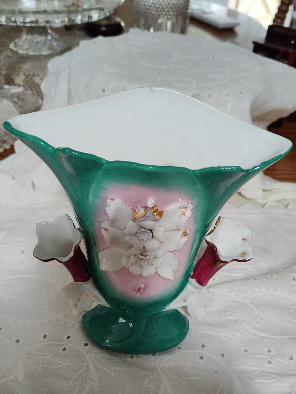 Vintage Hull Porcelain Greenand Pink Porcelain Floral Vase